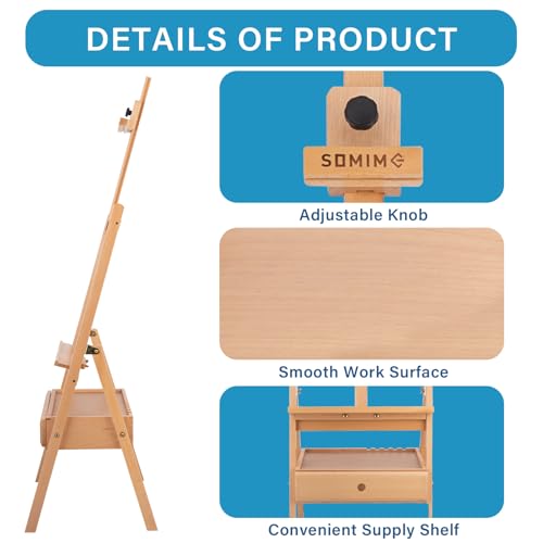 Large Wooden H-Frame Studio Easel, Solid Beechwood Easel Stand with Storage Drawer, Height Adjustable to 35Inches High, Suitable for Painting, Sketching and Displaying, Natural - style: Basic Natural