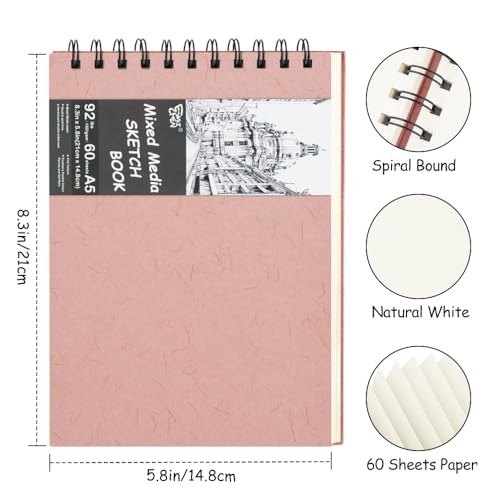 8.3x5.8 Sketch Book, Top Spiral Bound Sketch Pad, 60sheets 92lb/150gsm Nature White Paper, Acid-Free Mixed Media Paper for Painting, Dawing & Art Supplies. N-Pink - color: TopSpiral-NatureWhite-Pink