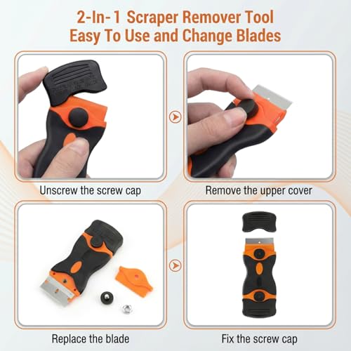 Mister Rui 2-Pack Dual-Head Scraper Tool Set with 30 Metal & 20 Plastic Blades, Screw-On Safe Design for Glass, Cooktop, Tile, Floor & Paint Cleaning, Multi-Surface Scraper Kit