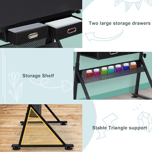 ZENY Adjustable Drafting Table with Stool, Tilting Drawing Desk Artist Table with Storage Drawers, Art Craft Workstation for Home Office Reading, Writing, Crafting - color: Black
