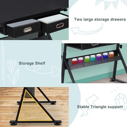 ZENY Adjustable Drafting Table with Stool, Tilting Drawing Desk Artist Table with Storage Drawers, Art Craft Workstation for Home Office Reading, Writing, Crafting - color: Black
