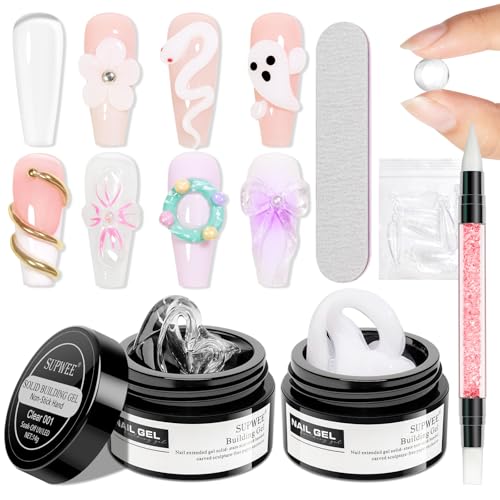 3D Nail Art Gel Clear and White Solid Builder Gel for Nails Non-Stick Hand Sculpture Hard Gels with Dual Form for Carving Patterns Decoration Nail Art Home Manicure DIY - color: Clear&White