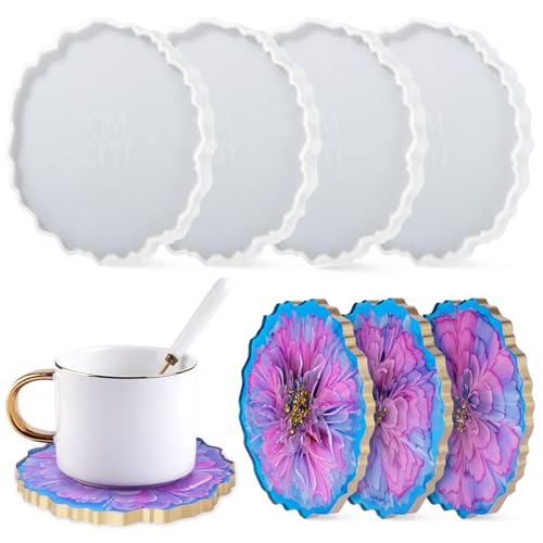 LET'S RESIN 4Pcs Resin Coaster Molds, Druzy Geode Agate Silicone Coaster Molds for Epoxy Resin, 5Inches Large Mould for DIY Art Craft Cup Mats, Durable and Flexible Moulds - size: 4 cavity