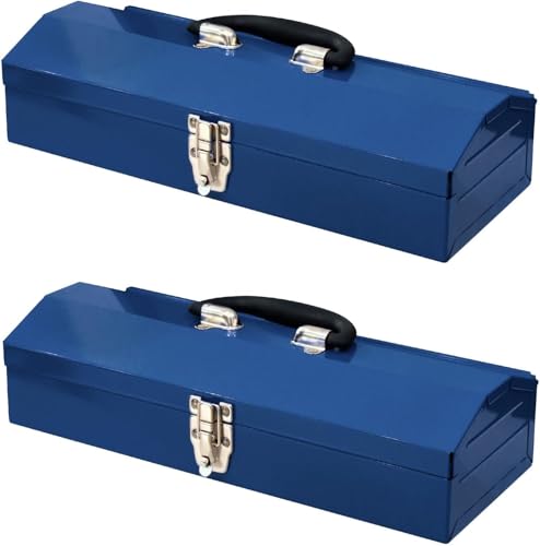 Portable Metal Tool Box, Steel Tool Storage Box with Handle, Hip Roof Style Tool Chest with Metal Latch Closure for Workshop, Garage, Home, 16"L x 6"W x 3.7"H, Blue, 2-Pack - color: Blue, size: 16"x2