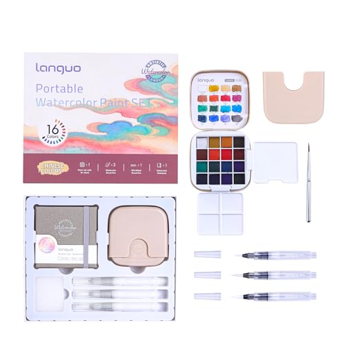 Mini Watercolor Paint Set 16 Colors, Pocket Travel Art Kit with Watercolor Paint, Water Brush Pens, Palette, Watercolor Book, Sponge, Bottle, for Artists, Beginner Art Supplies - Chinese Color - color: Chinese Color