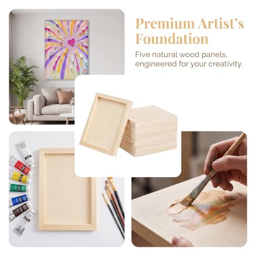 12x16 Inch Wood Panel Boards, 5 Pack Unfinished Wood Frames for Crafts, Wooden Painting Boards with 2 Fine Detail Brushes for Acrylic, Oil Painting and DIY Art Projects