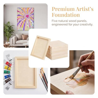 12x16 Inch Wood Panel Boards, 5 Pack Unfinished Wood Frames for Crafts, Wooden Painting Boards with 2 Fine Detail Brushes for Acrylic, Oil Painting and DIY Art Projects