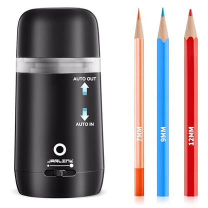 JARLINK Automatic Electric Pencil Sharpener - Hands-Free Operation, 3 Sharpness Modes, 3-Second Sharpening, Rechargeable & Portable for 7-12mm Pencils, Ideal for Classroom and Home Use (Black) - color: Black