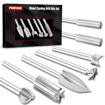 Wood Carving Drill Bits Set Compatible with Dremel Rotary Tool 7 Pcs Engraving Drill Accessories Bit Wood Crafts Grinding Woodworking Tool with 1/8” Shank for DIY Carving Drilling Micro Sculpture