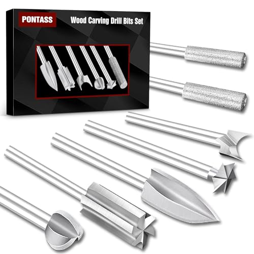 Wood Carving Drill Bits Set Compatible with Dremel Rotary Tool 7 Pcs Engraving Drill Accessories Bit Wood Crafts Grinding Woodworking Tool with 1/8” Shank for DIY Carving Drilling Micro Sculpture