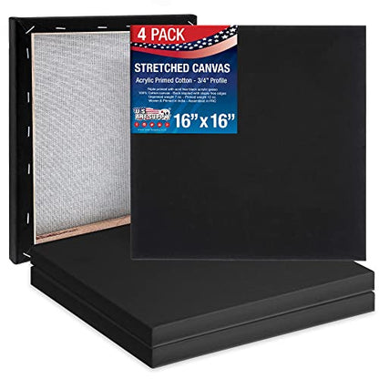 U.S. Art Supply 16x16 inch Black Canvases for Painting, 4 Pack Bulk Stretched Artist Canvas Professional Primed - Ideal for Arts & Crafts, Heavy-Weight Gesso - Acrylic Pouring, Oil Paint - size: 16" x 16"