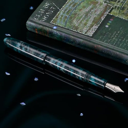 Asvine C80 Fountain Pen #8 Fine Nib Large Handcraft Pen with Converter Pen Case Collection Set (Green Ripple) - color: Green Ripple, style: Fine