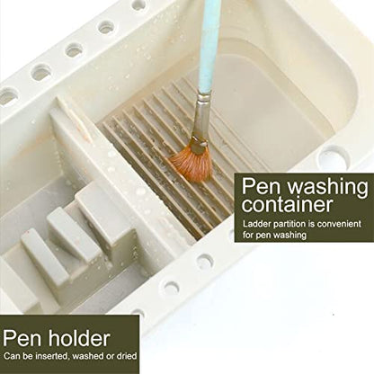 Oil Paint Brush Cleaner with Paint Palette Tray, 16 Hole Paintbrush Holder, Resuable Pain-t Brush Holder, Cleaning Basins, Pain-t Cups with Lids, for Watercolor Painting Cleaning(COLOR:grey)