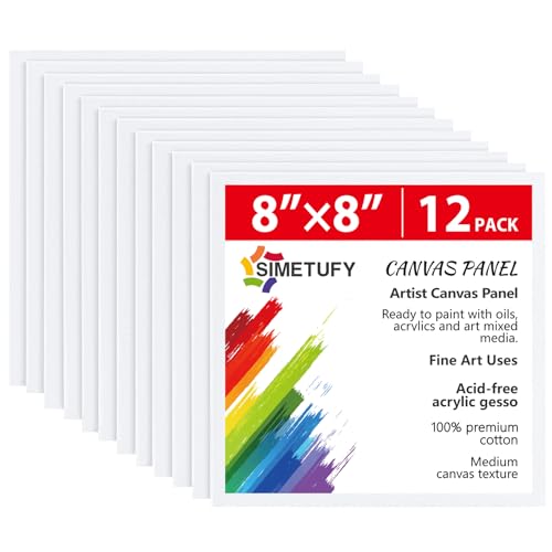 Simetufy 12 Pack 8x8 Inch Painting Canvas Panels Blank Square Canvas Boards for Painting, 8oz Gesso Primed Acid-Free 100% Cotton for Acrylics Paints - size: 8"x8"