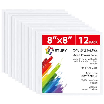 Simetufy 12 Pack 8x8 Inch Painting Canvas Panels Blank Square Canvas Boards for Painting, 8oz Gesso Primed Acid-Free 100% Cotton for Acrylics Paints - size: 8"x8"