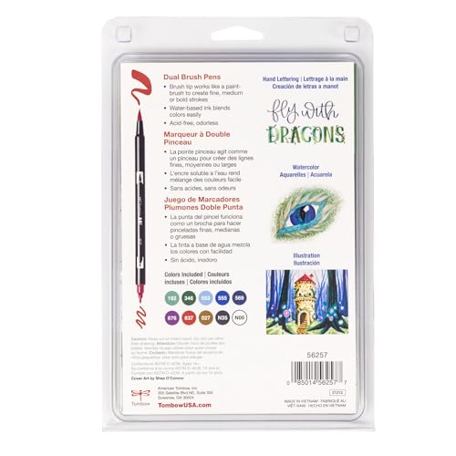 Tombow 56257 Dual Brush Pen Art Markers, Dragons, 10-Pack, Water-Based Ink, for Hand Lettering, Watercolor, Fine Art, Illustrations