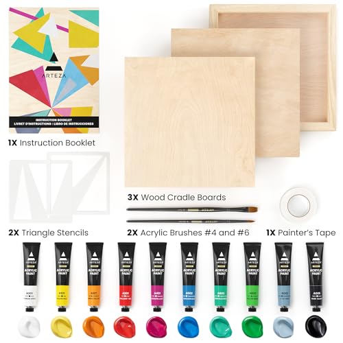 ARTEZA Wood Painting Set with Acrylic Paint, Foam Paint Brushes for Acrylic Painting, Stencils, Wood Canvas Cradle Art Boards & Painter's Tape, Experience Box for Home Decor, Painting & Drawing