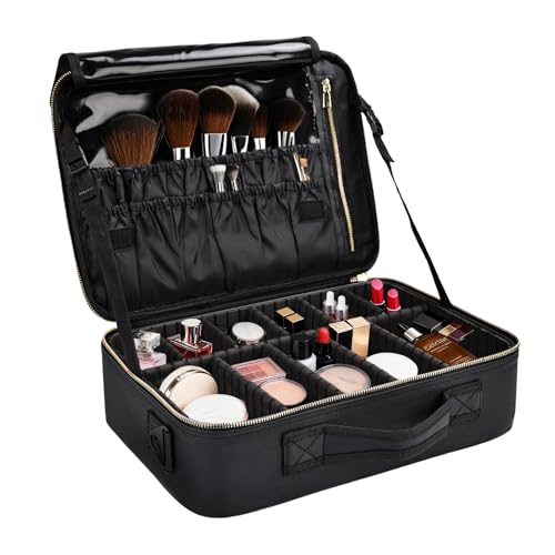 Travel Makeup Bag with Brush Holder, Professional Cosmetic Train Case Organizer, Portable Travel Makeup Brush Carry Case Artist Storage Box with Adjustable Dividers and Shoulder Strap, Leather Black - color: Black Leather, size: Medium