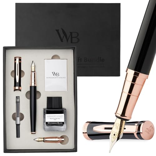 Wordsworth & Black Fountain Pen Set, 18K Gilded Medium and Extra Fine Nib, 25ML Black Bottle, 6 Ink Cartridges, Refill Converter, Smooth Writing Pens [Black Rose Gold], Gift Set for Men and Women - color: Black Rose Gold
