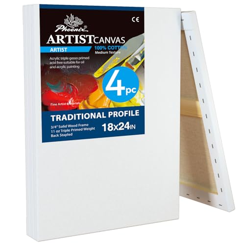 PHOENIX 18x24 Inch 4 Pack Artist Canvas - Large Stretched Canvases for Painting - 3/4 Inch Profile, 100% Cotton 11 Oz. Gesso Primed White Blank Professional Canvas Oil & Acrylic Paints - size: 18"x24" / 4 PACK, style: Traditional