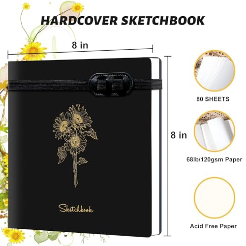 Yoment Hardcover Sketch Book, Sketchbook for Drawing with 2 Pencils, 150GSM Thick Paper, Square Art Sketch Book Drawing Paper Book 160 Pages Sketch Pad Journal for Women Adults,Gift Boxed, Black - color: Black