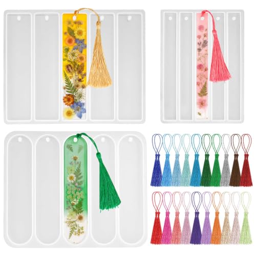 3 Pcs Bookmark Silicone Molds, Rectangle Bookmarks Molds with 40 Pcs Tassels, Bookmarks Resin Mold for DIY Home Decoration, Art Crafts, Birthday Gifts (Bookmark) - color: Bookmark