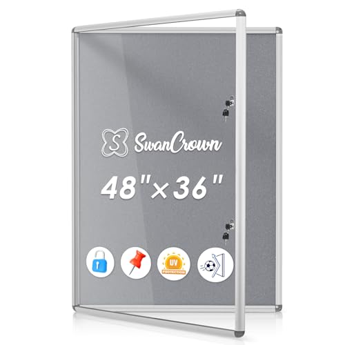 SWANCROWN 38x38 in Enclosed Bulletin Board, Wall Display Case Message Board | Tamperproof, Shatterproof, 2 Locks, Smooth Grey Felt, Silver Aluminum Frame, Display Case for Office, School, Business - color: Sliver-g, size: 48x36 in