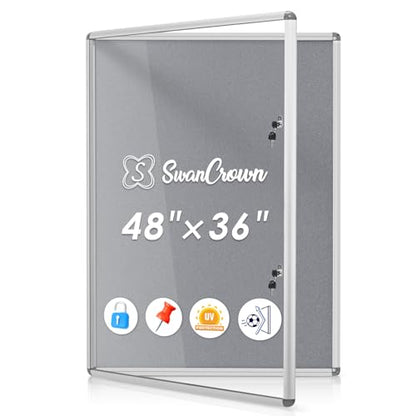 SWANCROWN 38x38 in Enclosed Bulletin Board, Wall Display Case Message Board | Tamperproof, Shatterproof, 2 Locks, Smooth Grey Felt, Silver Aluminum Frame, Display Case for Office, School, Business - color: Sliver-g, size: 48x36 in