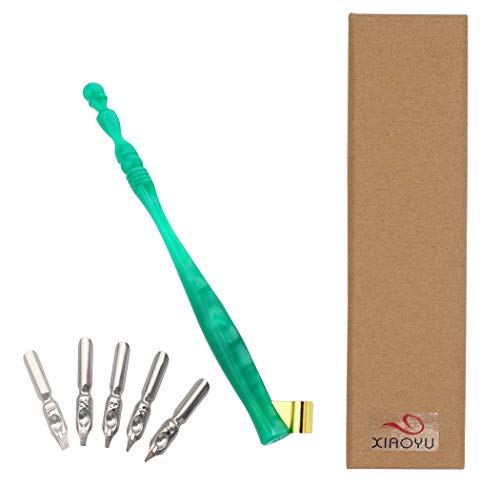 XIAOYU Calligraphy Oblique Nib Pen Holder, English Calligraphy Pen Nib Holder, Resin Dip Pen Handle Nib Holder with 5 Flat Nibs, Green - color: Green