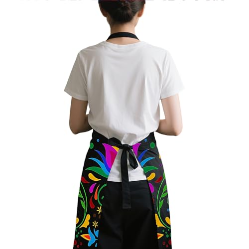 Mexican Floral Apron with 2 Pockets, Adjustable Apron for Cooking Baking BBQ Painting, Gifts for Women Men - color: Black-niao