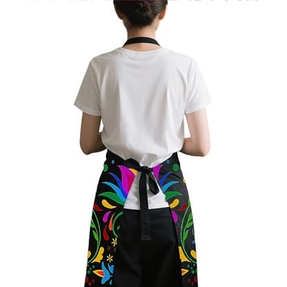 Mexican Floral Apron with 2 Pockets, Adjustable Apron for Cooking Baking BBQ Painting, Gifts for Women Men - color: Black-niao