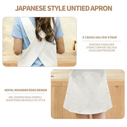 Shortened Design Apron, Japanese Style Soft Cotton Linen Apron with Two Side Pockets, X Cross Halter Aprons, Kitchen Cooking Clothes Gift for Women DIY Project, Crafting, Cooking, Baking(White) - color: White, style: 1# Style-rounded Edge