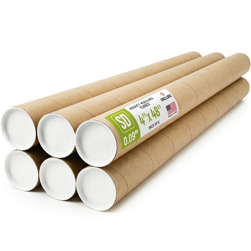 4" x 48" Reinforced Kraft Paper Mailing Tube, Pack of 6 Tubes with 12 Caps – Secure USPS Approved Poster Tube – Made in USA Cardboard Tube for Shipping and Storing Posters, Prints, Artwork - size: 4" x 48", style: Standard Duty