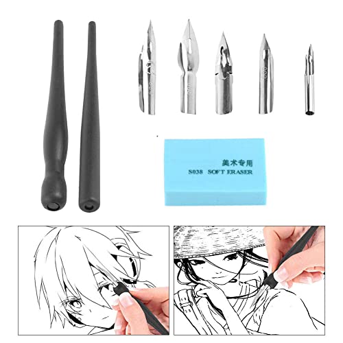 Estink Manga Cartoon Comic Dip Pen Set, Calligraphy Pens with 2 Pen Holders and 5 Replacement Nibs for Drawing Painting