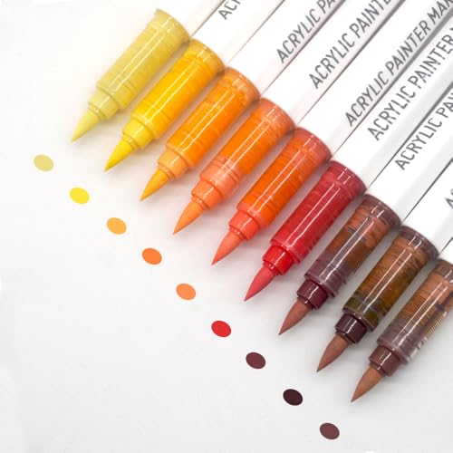 Water Based Acrylic Paint Markers, 9 Colors Acrylic Paint Pens Set with Soft Brush Tip, Marker Pen for Rock Painting, Egg, Wood, Glass, Paper, Mugs, Acrylic Painter Ink (Red Yellow Series) - color: Red Yellow Series