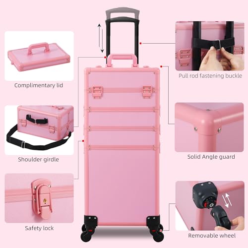 Somduy Makeup Train Case, Rolling Makeup Case with Lid, 5 in 1 Cosmetology Case on Wheels, Christmas Gift, Large Makeup Case Organizers, Profesional Cosmetic Case for Salon Barber, Pink - color: Pink
