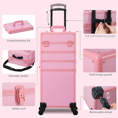 Somduy Makeup Train Case, Rolling Makeup Case with Lid, 5 in 1 Cosmetology Case on Wheels, Christmas Gift, Large Makeup Case Organizers, Profesional Cosmetic Case for Salon Barber, Pink - color: Pink