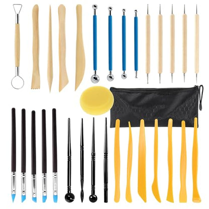 32Pcs Clay Sculpting Tool Kit, Pottery Carving Tools with Silicone Dotting Pen, Sponge and Modeling Sticks for Polymer Clay Molding Dotting Stippling Carving Shaping, Pottery Craft