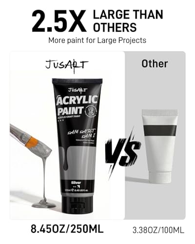 JusArt Metallic Silver Acrylic Paint, 8.45oz/250ml Large Tube, Heavy Body Rich Pigment, Non-Toxic, Non-Fading Craft Paint for Canvas Wood Metal Fabric Ceramics, Art Supplies for Adults Artists Beginner - color: Metallic Silver