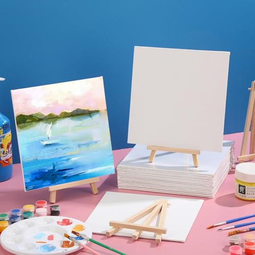 MotiMind 36 Pcs Mini Canvas and Easel Set for Painting, 8 x 8 Inch Canvas Panels with 8 Inch Wooden Easels for Oil Acrylic Painting Christmas Birthday Valentine's Mother's Day Art Crafts Party Favors - size: 8 x 8 Inch