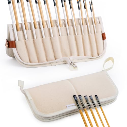 Stand Up Canvas Paint Brush Holder Case for Artists, 22 Slots Brush Organizer with Pop-Up Stand, Zippered Travel Paint Brush Storage Bag for Acrylic Oil Watercolor Brushes, Portable Paintbrush Case - color: Natural, size: Medium 6*11"
