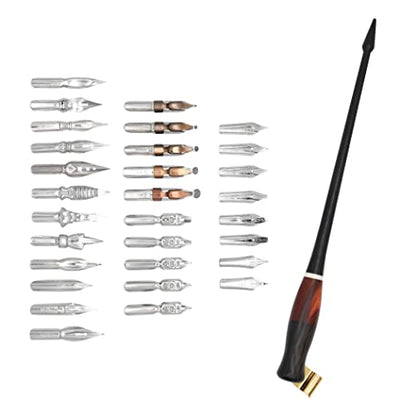 Calligraphy Oblique Dip Pen Holder Set, Wooden Pen Handle with 30 Stainless Steel Manga Pen Nibs for English Calligraphy Drawing Comic, Black - color: Black