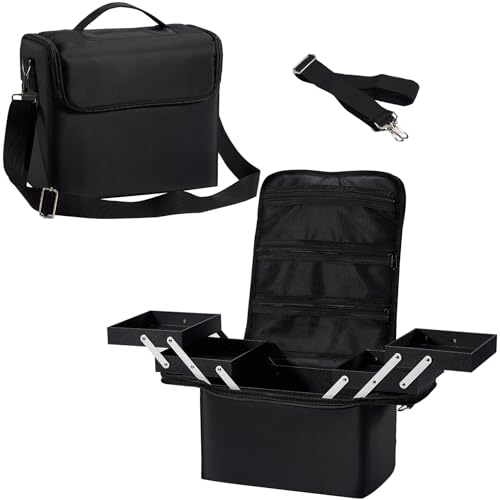 Yueieoun Large Makeup Case,Nail Bag with 4 Tier, Travel Makeup Box Organizer,Nail Kit Storage Tattoo Bag Make Up Case for women/Nail Art/Eyelash Extension/Tattoo/MUA, with luggage sleeve, Black - size: Medium