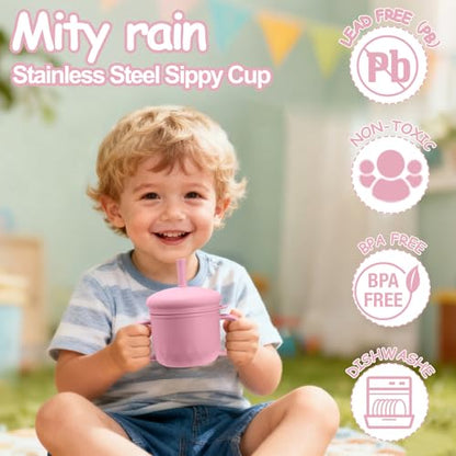 Mity rain 3-In-1 Stainless Steel Sippy Cup for 6+ Month Old, Baby Straw Cups for Toddlers 1-3 with Travel Lid, Silicone Straw, Replacement Straw & Cleaning Brush - 8oz Toddler Cups Spill Proof Set - color: Pink
