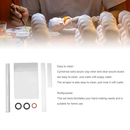 Acrylic Clay Tools Set with Solid Roller Pin Clear Sheet and 2 Metal Scrapers for Polymer Clay Sculpting Modeling Crafts