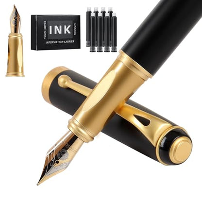 Fountain Pen-Smooth Writing Metal Water Pen with Gift Case Fine Nib Consistent Ink Flow Luxury Pen for Nice Pens Includes a Calligraphy Nib 8 Ink Cartridges and a Converter (Gold) - color: Gold