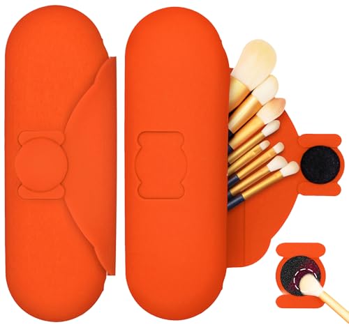 Travel Makeup Brush Holder with Cleaning Pad -Silicone Brush Organizer Case, Magnetic Closure Waterproof Cosmetic Bag for Easy Storage & On-the-Go Cleaning (9.05 Inch) - color: Orange