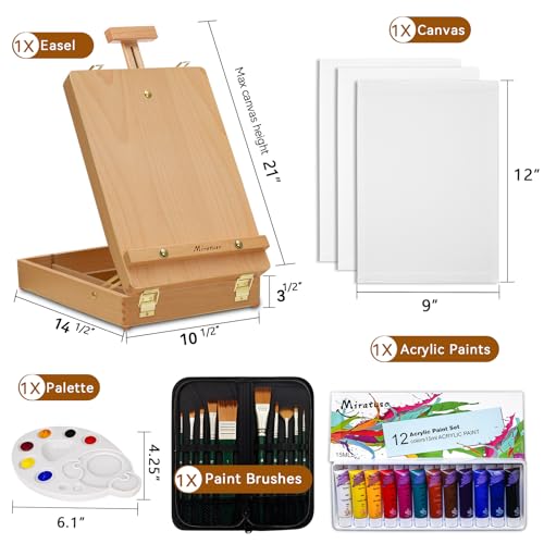 Deluxe Art Supplies 27 Pieces Art Set with Tabletop Easel, 12 Colors Acrylic Paint, 10 Paint Brushes, 3 Canvas Panels, Palettes - style: Sketchbox Set