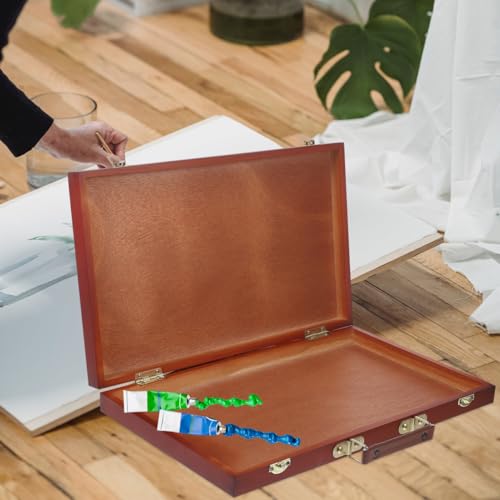 TEHAUX Wooden Painting Box Hand-Held Art Storage Case Portable Drawing Tool Organizer 14.56X9.05X1.77 Inches for Outdoor Artists and Students
