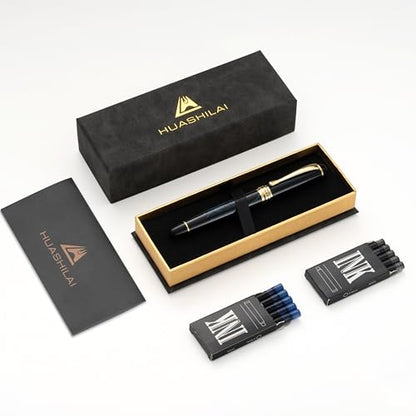 Luxury Fountain Pen Set – 46g Metal Calligraphy Pen with Gift Box, 2 Ink Cartridge Sets (Black & Blue), Flex Nib Writing Pen for Beginners & Professionals (Black with Blue Fireworks) - color: Black with Blue Fireworks